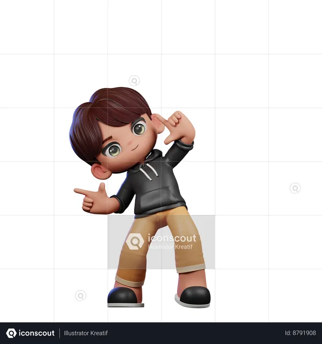 Menino fofo apontando para a pose certa  3D Illustration