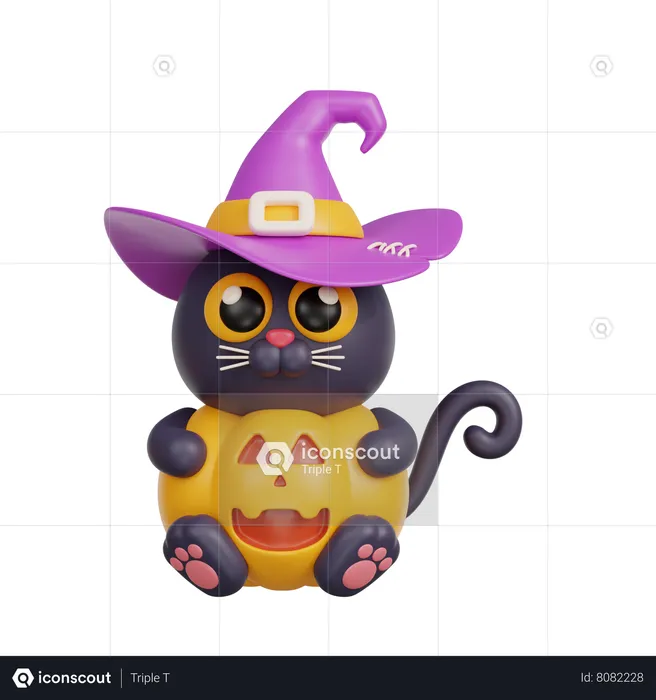 Gato brujo en calabaza  3D Illustration