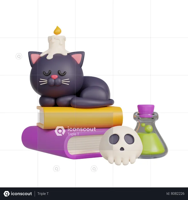 Gato negro durmiendo en libros  3D Illustration