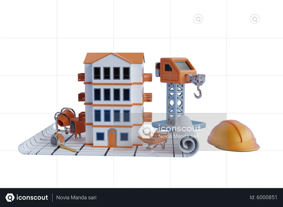 Gebäude im Bauprozess auf den Bauplänen  3D Illustration