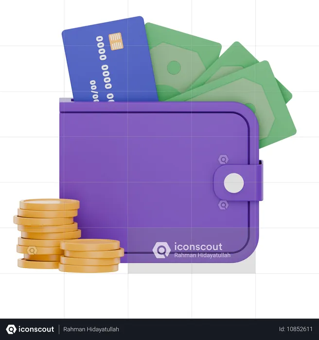 Geldbörse mit Bargeld, Kreditkarte und Münzen  3D Icon