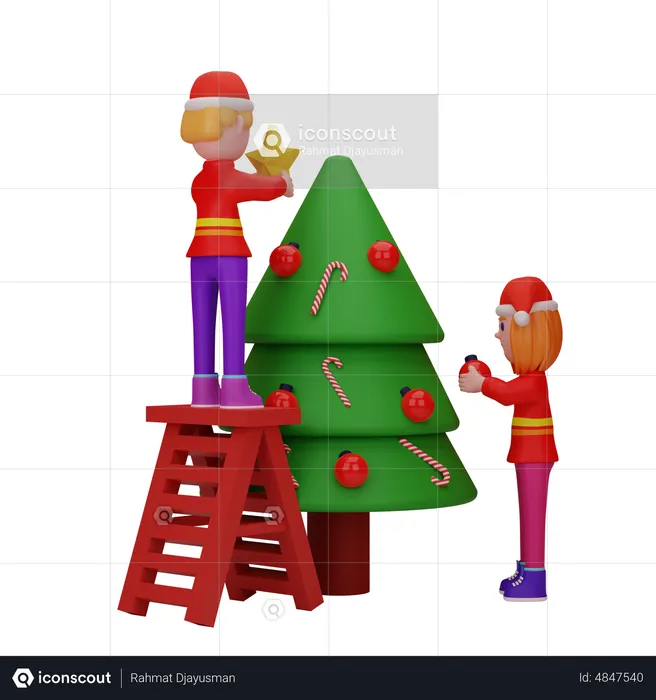 Gente haciendo decoración del árbol de Navidad  3D Illustration