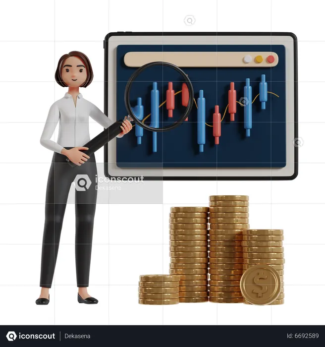 Geschäftsfrau analysiert Investitionen an der Börse  3D Illustration