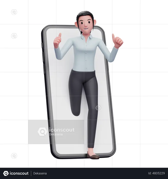 Geschäftsfrau erscheint aus dem Telefonbildschirm und zeigt einen Daumen nach oben  3D Illustration