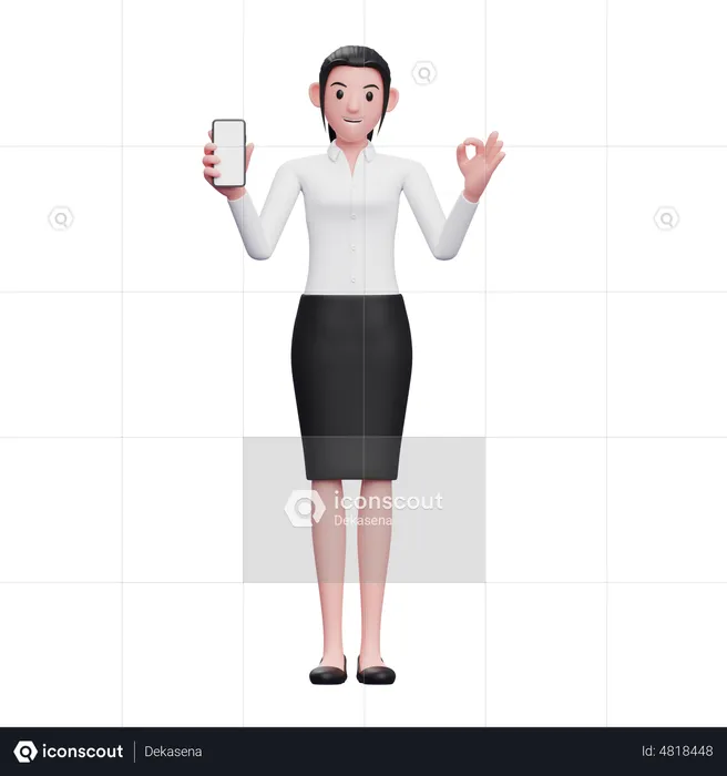 Geschäftsfrau hält Smartphone und zeigt ok Finger  3D Illustration