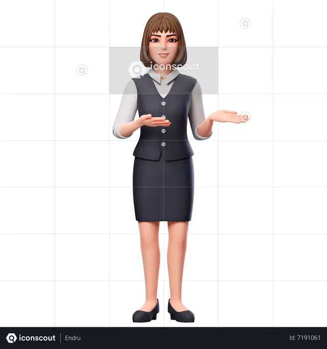 Geschäftsfrau präsentiert ihre Hände mit beiden Händen auf der rechten Seite  3D Illustration