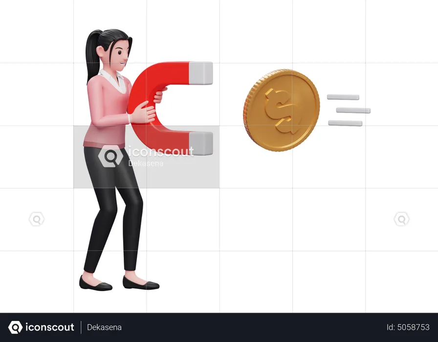 Geschäftsfrau zieht Geld mit Magnet an  3D Illustration