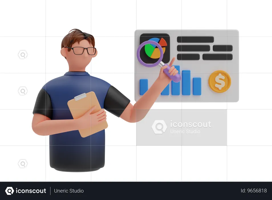 Geschäftsmann analysiert Finanzbericht  3D Illustration