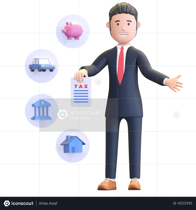 Geschäftsmann hält Dokument Steuern  3D Illustration