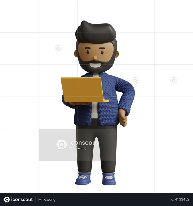 Geschäftsmann mit Laptop im Stehen  3D Illustration