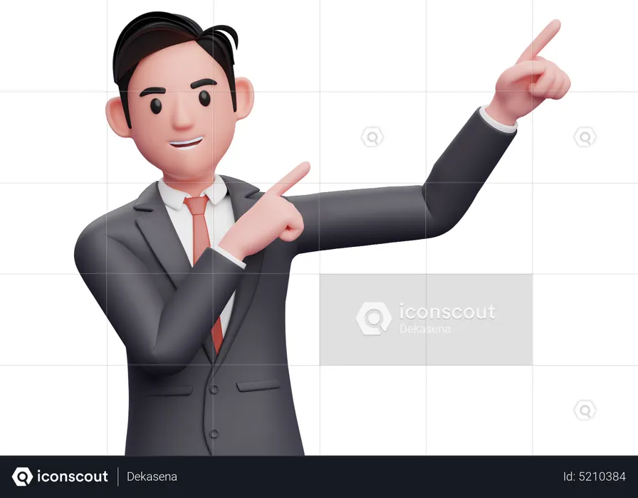 Geschäftsmann hebt beide Hände und zeigt in die obere rechte Ecke  3D Illustration