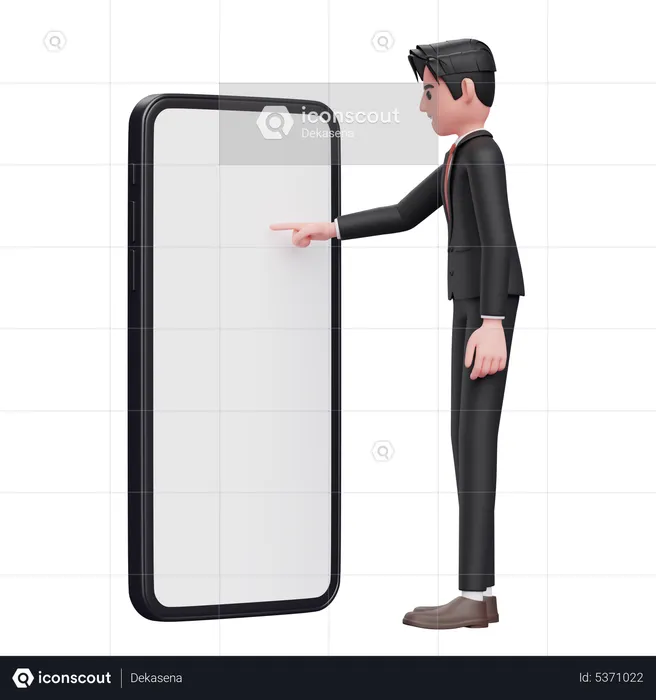 Geschäftsmann im schwarzen Anzug berührt Handy-Bildschirm mit Zeigefinger  3D Illustration