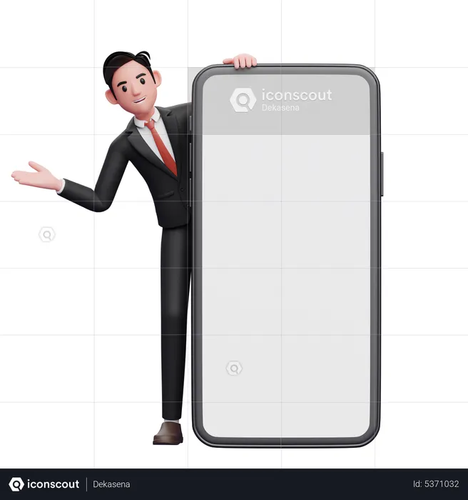 Geschäftsmann im schwarzen Anzug kommt mit offener Hand hinter einem großen Telefon hervor  3D Illustration