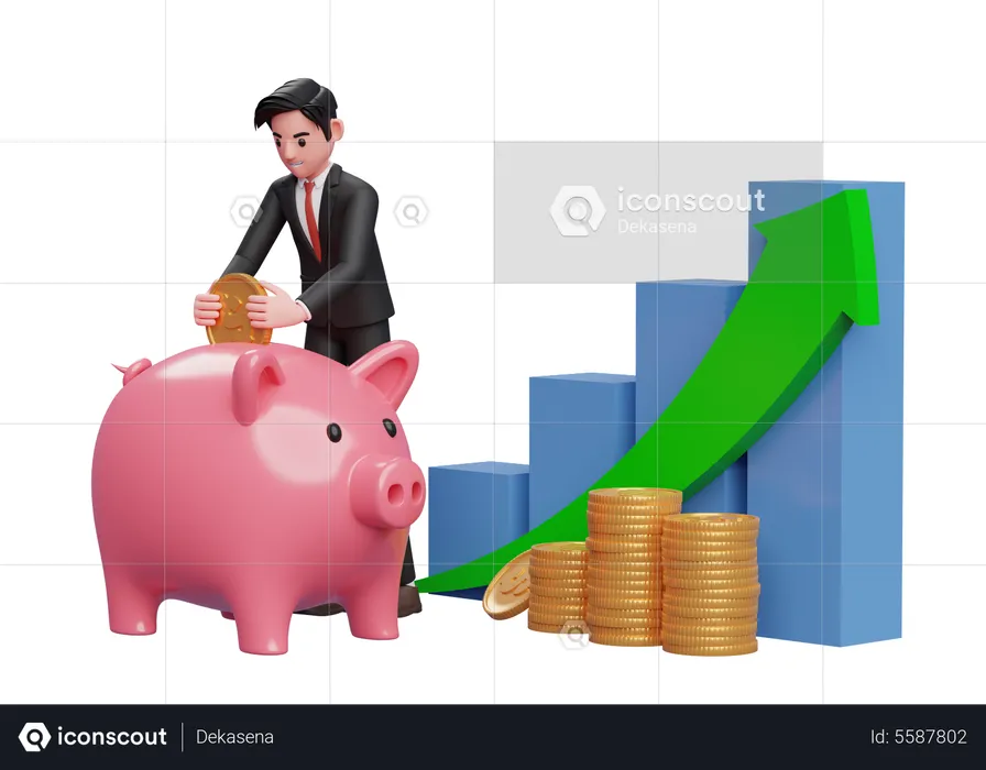 Geschäftsmann im schwarzen Anzug spart Goldmünzen in Sparschwein mit Balkendiagramm und grünem Pfeil nach oben  3D Illustration