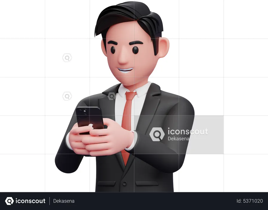 Geschäftsmann im schwarzen Anzug tippt Nachricht mit Handy  3D Illustration