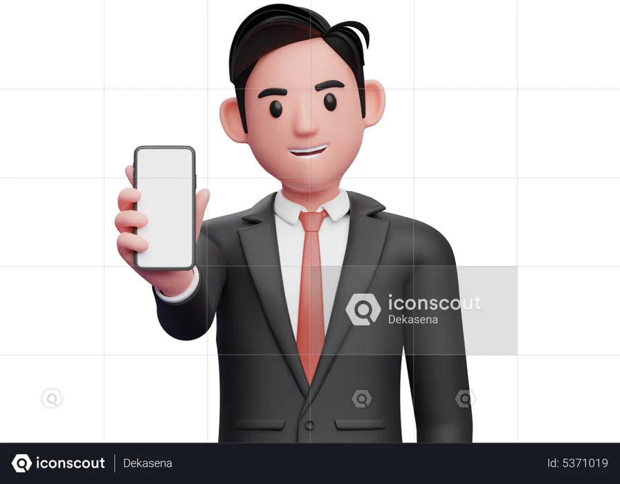 Geschäftsmann im schwarzen Anzug zeigt Handy-Bildschirm in die Kamera  3D Illustration