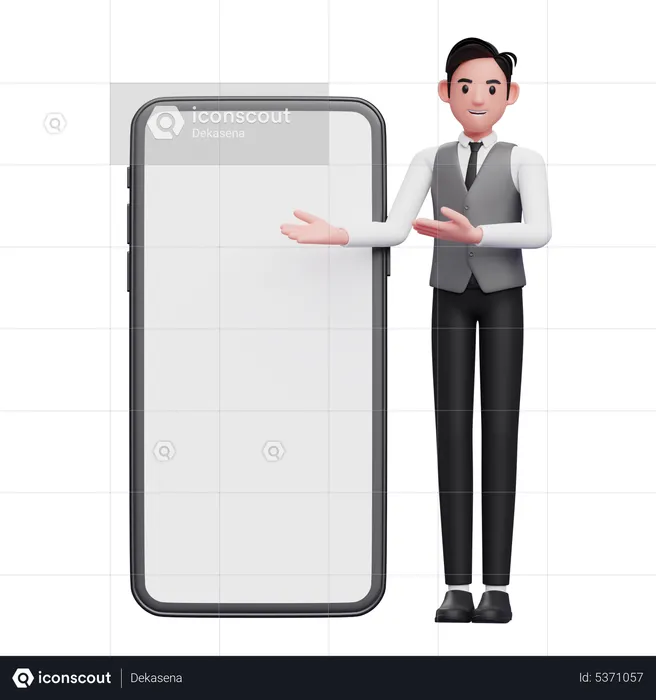 Geschäftsmann in grauer Büroweste präsentiert großes Mobiltelefon mit weißem Bildschirm  3D Illustration