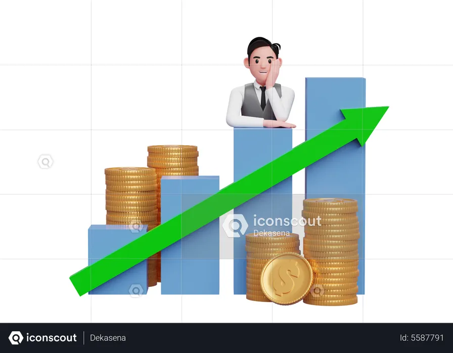 Geschäftsmann in grauer Weste legt ihr Kinn in die Hand, während er sich auf ein Balkendiagramm mit Aktienwachstum stützt  3D Illustration