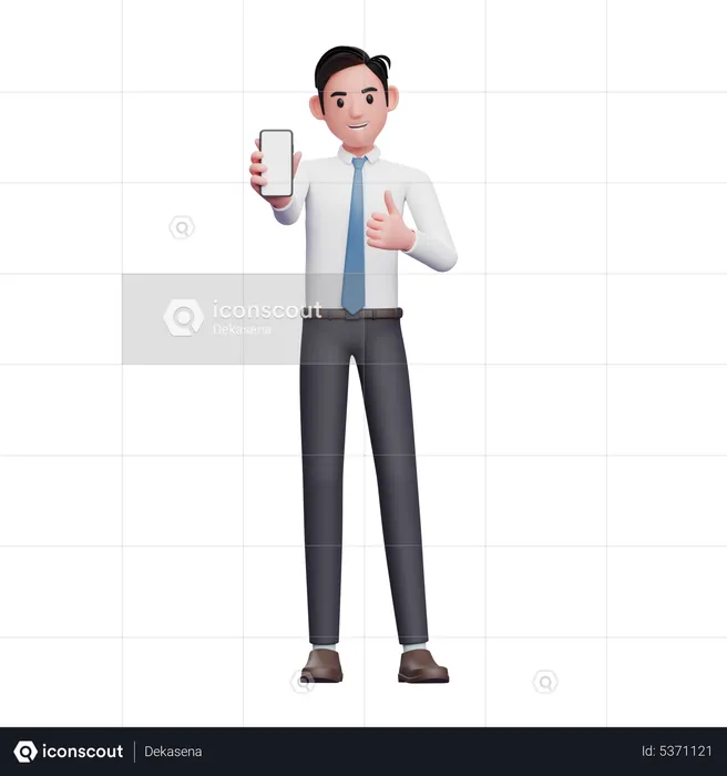 Geschäftsmann in weißem Hemd und blauer Krawatte gibt Daumen hoch und zeigt Telefonbildschirm  3D Illustration