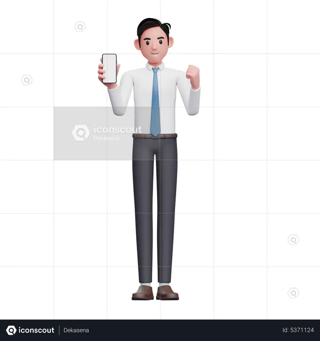 Geschäftsmann in weißem Hemd und blauer Krawatte macht eine gewinnende Geste und zeigt dabei den Telefonbildschirm  3D Illustration