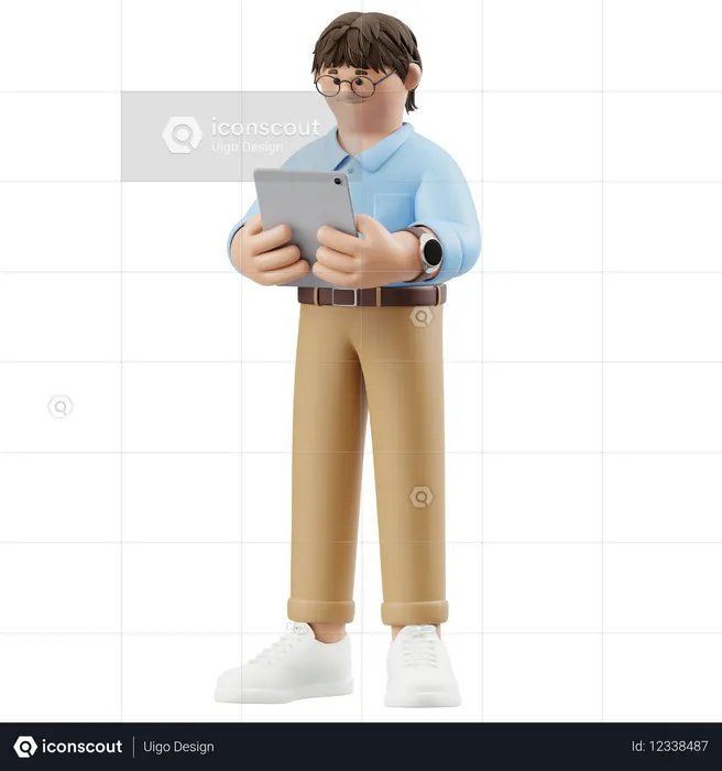 Geschäftsmann liest ernsthaft Notiz auf Tablet  3D Icon
