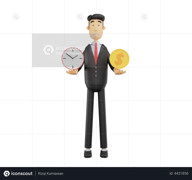 Geschäftsmann mit Uhr und Dollar  3D Illustration