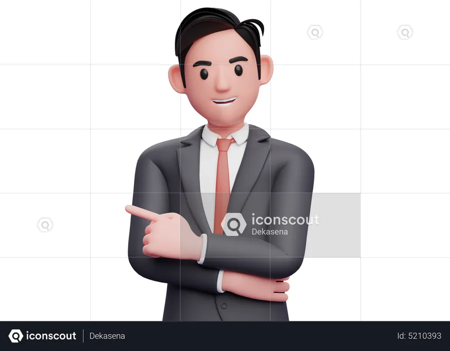Geschäftsmann zeigt nach links und verschränkt die Hand auf der Taille  3D Illustration