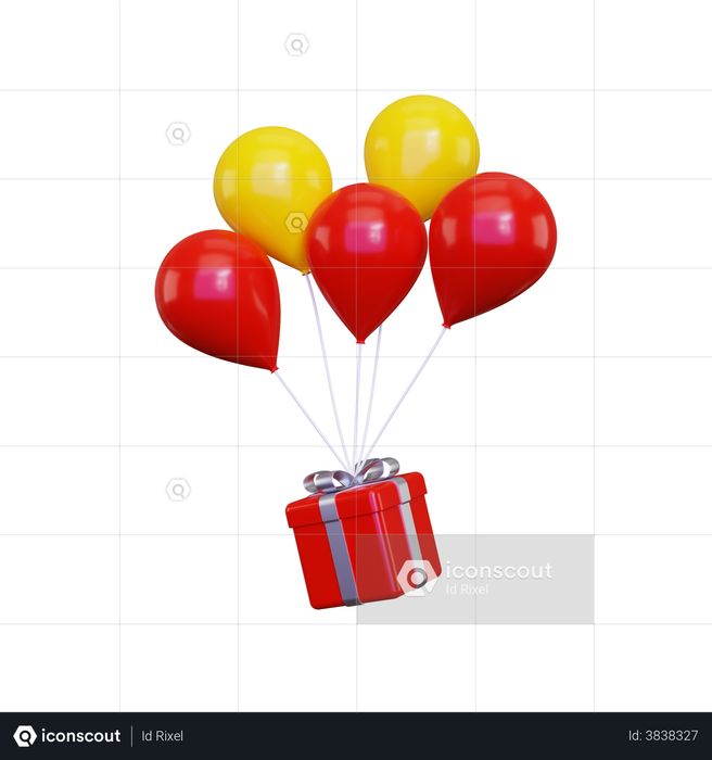 Gift box with flying balloons 3D Illustration