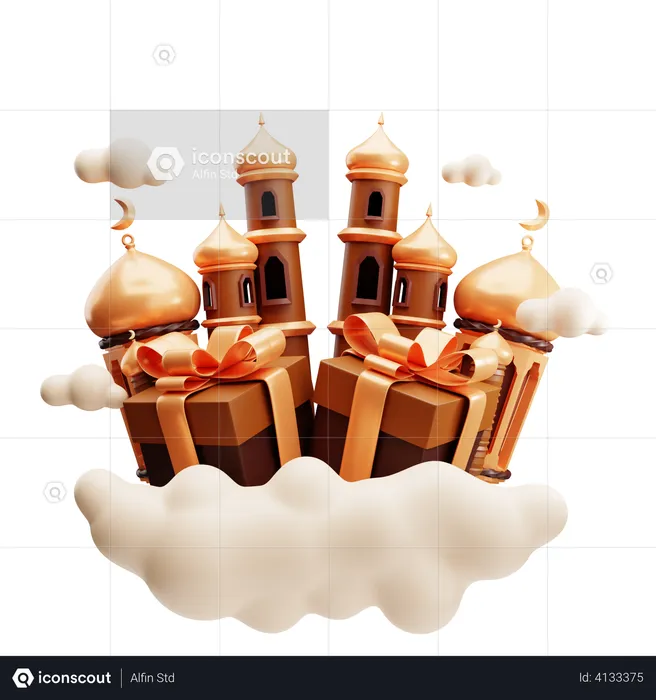 Gift box with mosque  3D Illustration