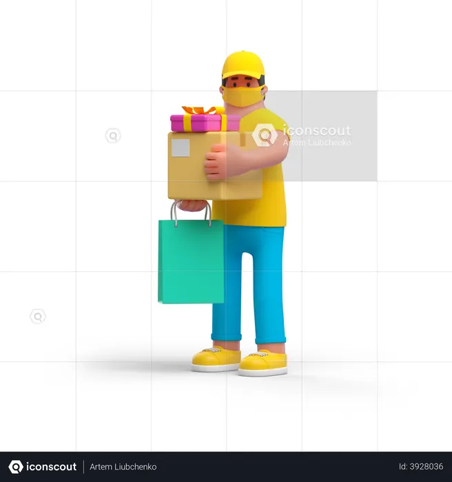 Gift delivery by courier boy  3D Illustration