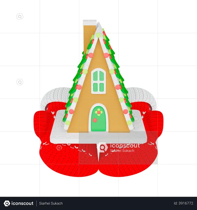 Gingerbread house in knitted Mittens  3D Illustration