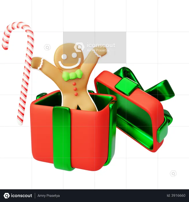Gingerbread jump out of gift box  3D Illustration