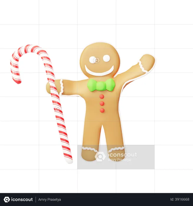 Gingerbread with candy cane  3D Illustration