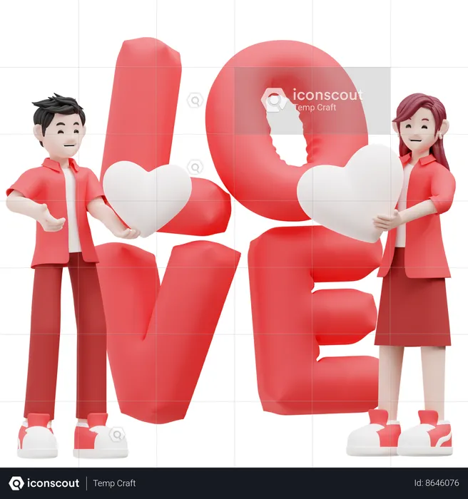 Girl And Boy Holding Heart Shape Balloon  3D Illustration