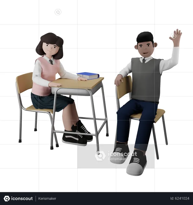 Girl and boy sitting in class  3D Icon