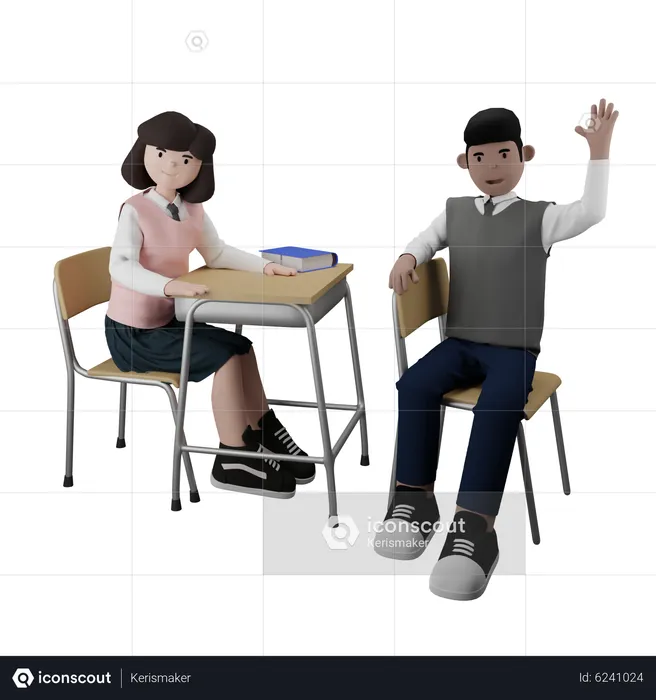 Girl and boy sitting in class  3D Illustration