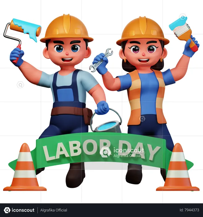 Girl and man holding paint brush  3D Icon