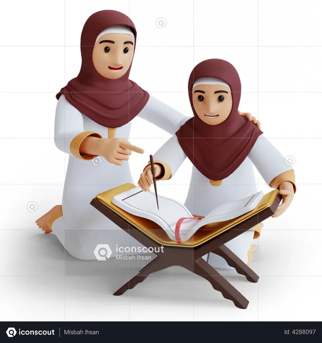 Girl and mom reading the Quran  3D Illustration