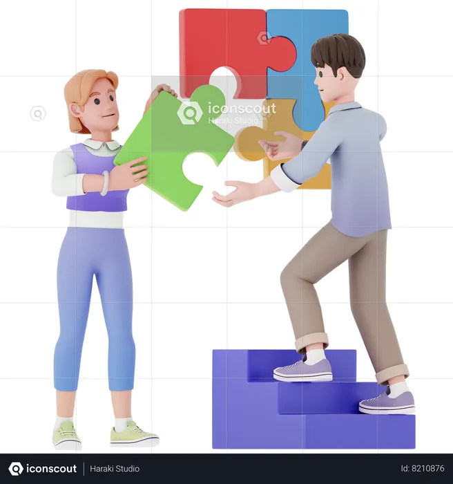 Girl And Woman Solving Jigsaw Puzzle  3D Illustration