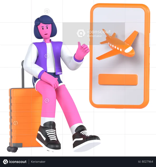 Girl booking flight ticket online  3D Illustration