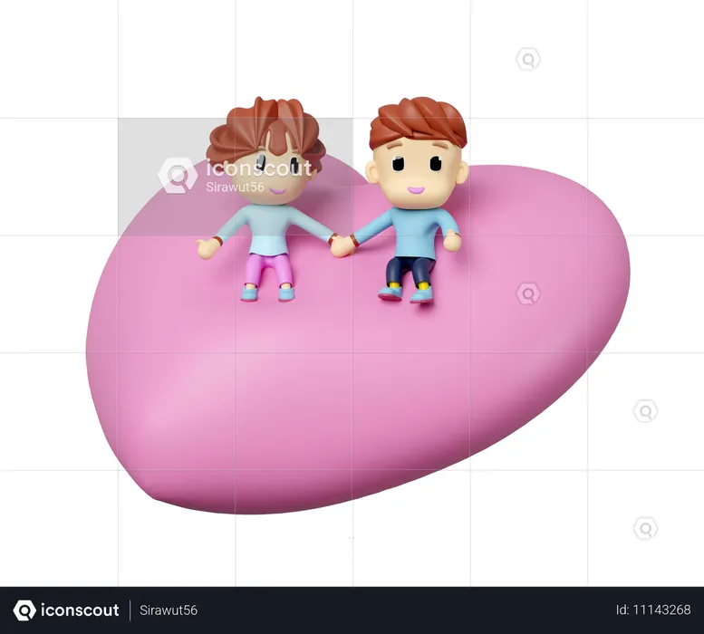 ハートの枕を持つ女の子、男の子  3D Icon