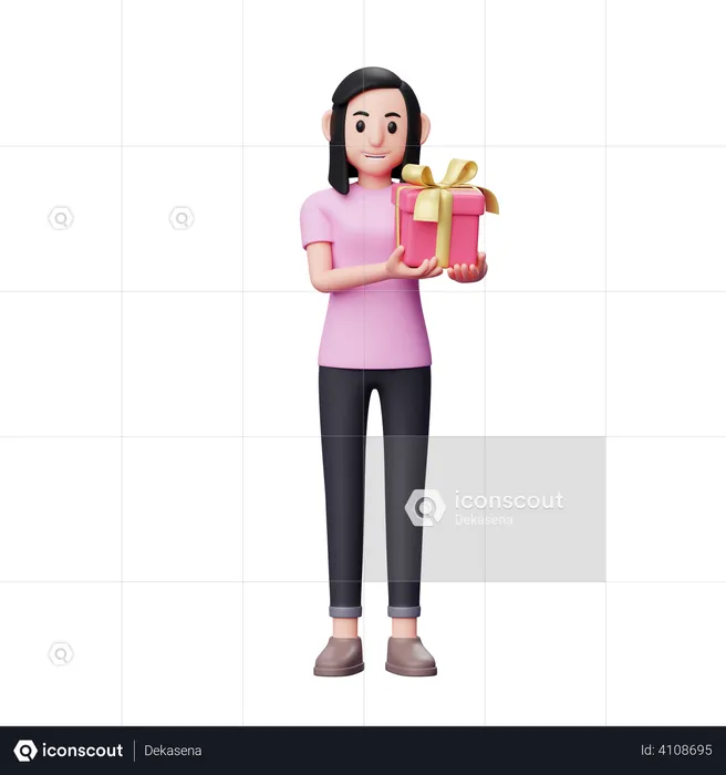 Girl brings valentine gift and offers it  3D Illustration