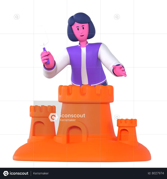 Girl building sand castle  3D Illustration