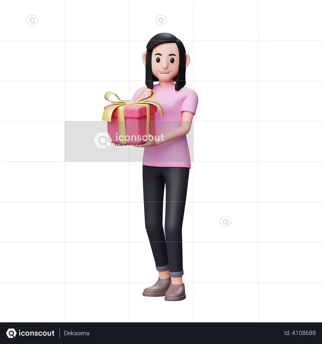 Girl carrying a pink gift while walking to celebrate valentine's day  3D Illustration