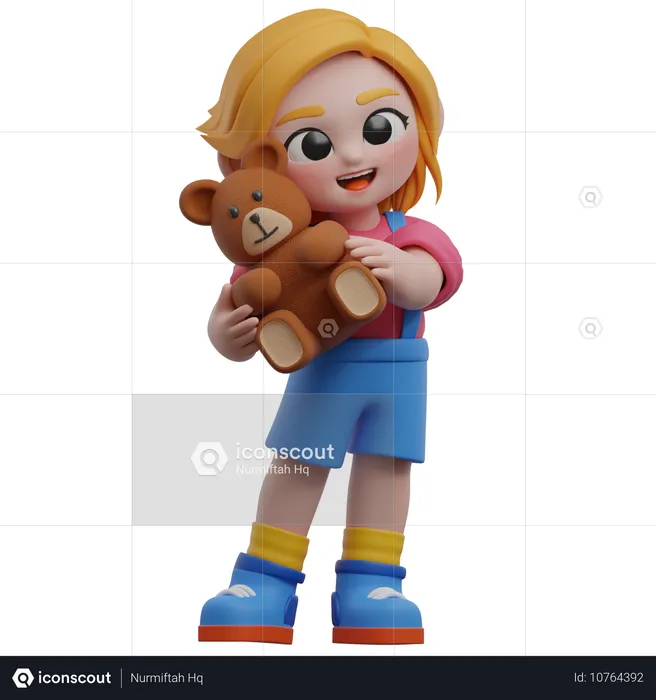 Girl Character Holding Teddy Bear  3D Illustration