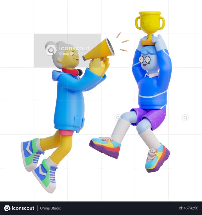 Girl Cheering With Trophy  3D Illustration
