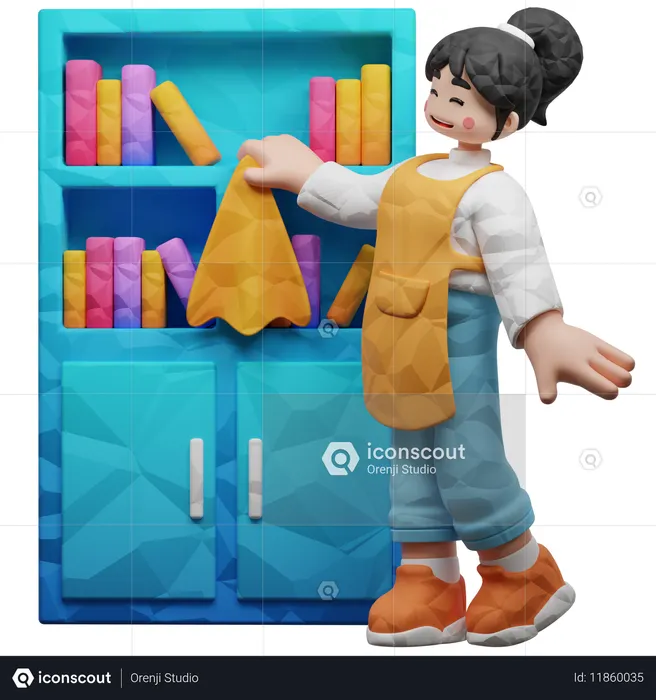 Girl Cleaning Books Rack  3D Illustration