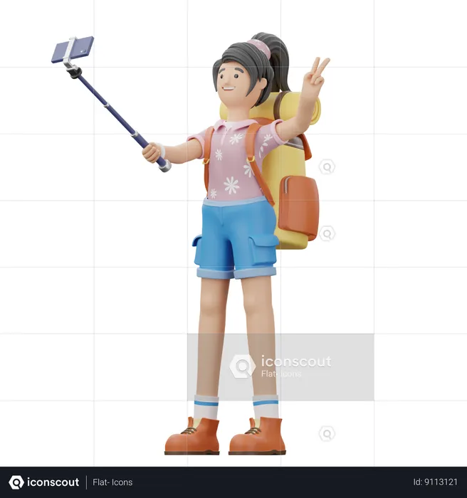 Girl Clicks Her Picture From Mobile Selfie  3D Illustration
