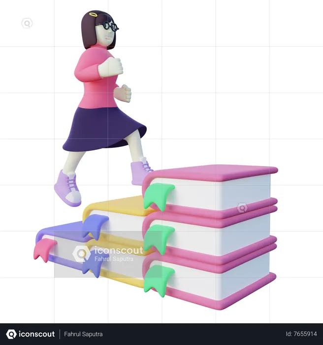 Girl Climbing Book Stairs  3D Illustration