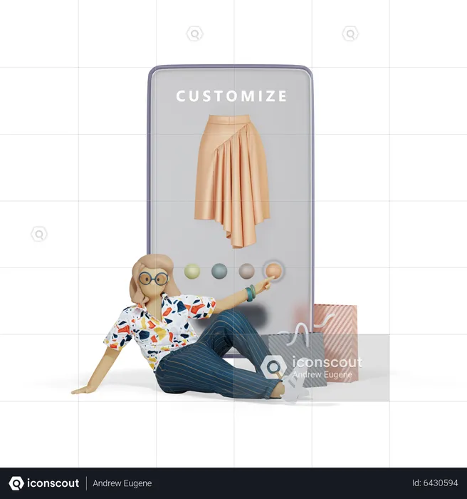 Girl Customizing Dress On Smartphone  3D Illustration